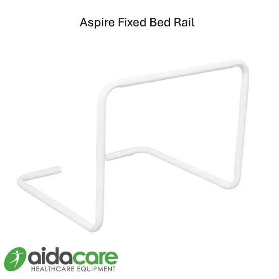White metal fixed bed rail on a white background with Aidacare logo and text.