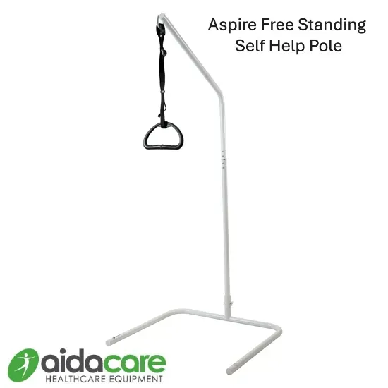 White freestanding self-help pole with black handle and base on plain background