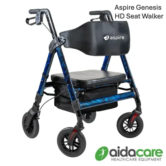 Aspire Genesis HD seat walker with blue frame, black seat, and four wheels on white background