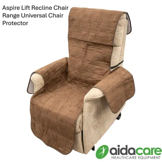 Brown and beige recliner chair cover with armrest and headrest panels on white background