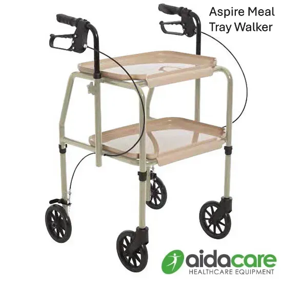 Cream tray walker with black handles and wheels on a white background