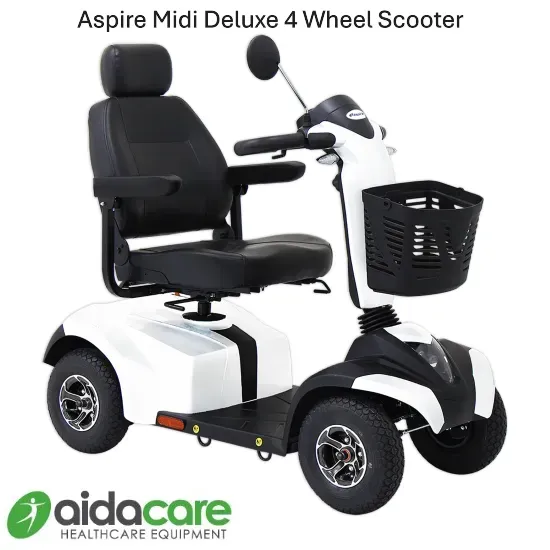 Black and white four-wheel mobility scooter with seat, basket, and mirror, shown on white background