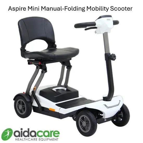 Black folding mobility scooter with seat and handlebars on white background, Aidacare logo included