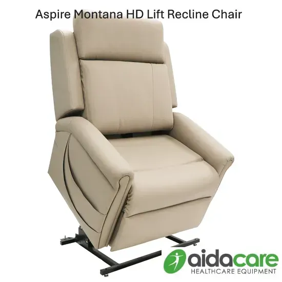 Beige Aspire Montana HD lift recliner chair on a black base, shown on a white background