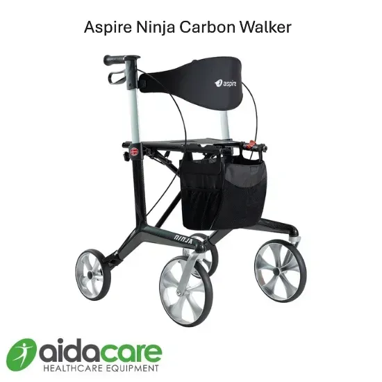 Aspire Ninja Carbon Walker with four wheels, black seat and basket, on white background