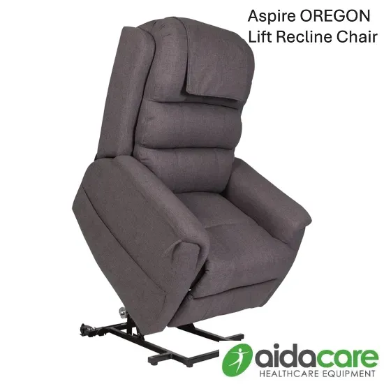Gray Aspire OREGON lift recline chair with footrest and Aidacare logo on white background