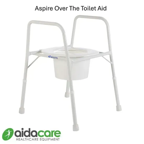 White over-toilet aid frame with handrails and a built-in seat bucket; Aidacare logo.