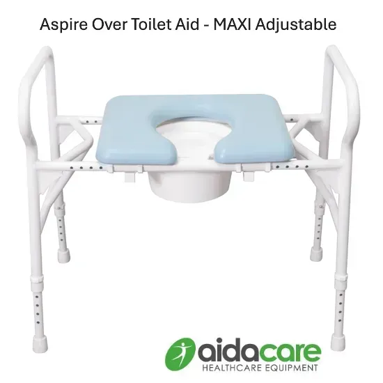 Adjustable white toilet aid frame with blue padded seat cutout and side handles