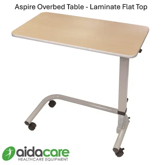 Light wood laminate overbed table with adjustable metal frame and wheels, shown on white background