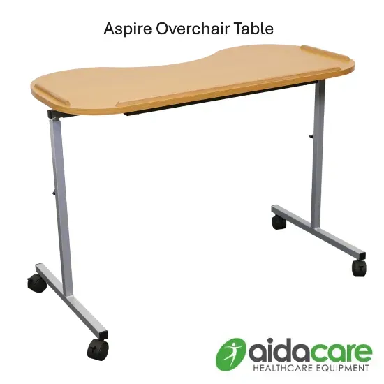 Adjustable overchair table with light wood top and gray metal legs on casters, isolated on white.