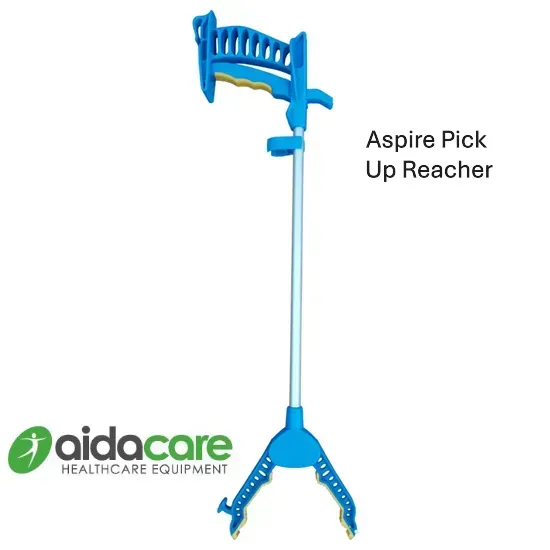 Blue Aspire Pick Up Reacher with long handle and claw grip for reaching items