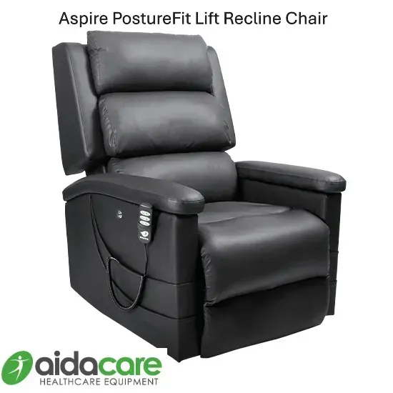 Black Aspire PostureFit recliner chair with padded headrest and armrests on white background