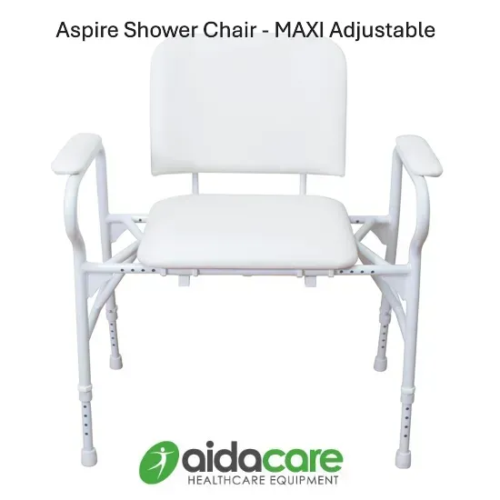 White adjustable shower chair with backrest, armrests, and padded seat on a plain background