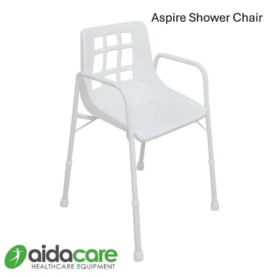 White Aspire shower chair with armrests and backrest on a plain background.