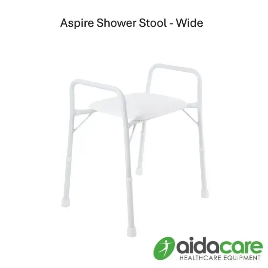 White wide shower stool with armrests and four legs on a plain background.