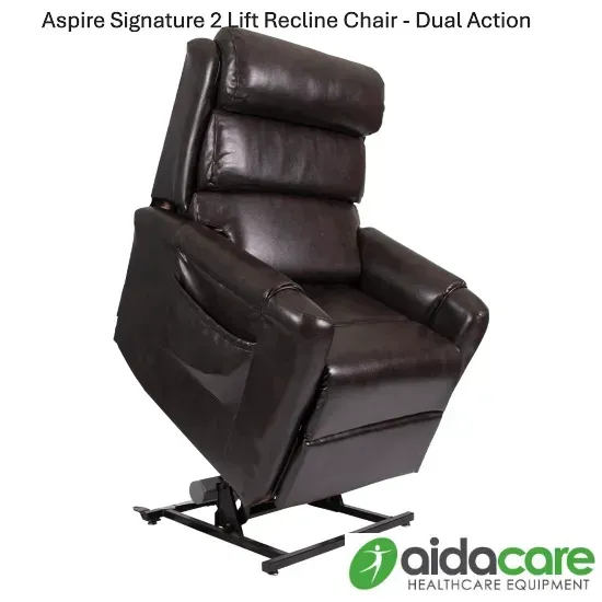 Dark brown lift recliner chair with dual-action base, shown in side view on white background.
