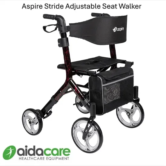 Black four-wheel mobility walker with seat, backrest, basket, and hand brakes on a white background