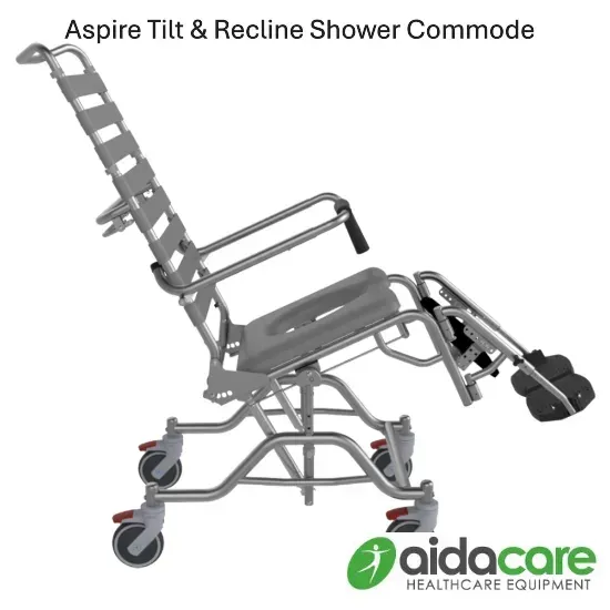 Tilt-and-recline shower commode chair on a white background, with wheels and footrests.