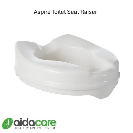 White Aspire toilet seat raiser with contoured opening and Aidacare logo on a plain background