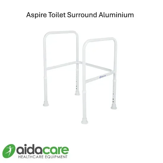 White aluminum toilet surround frame for bathroom support, shown on a plain white background.