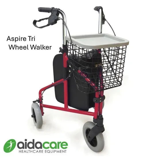 Red Aspire Trip wheel walker with basket and tray, shown on a white background.