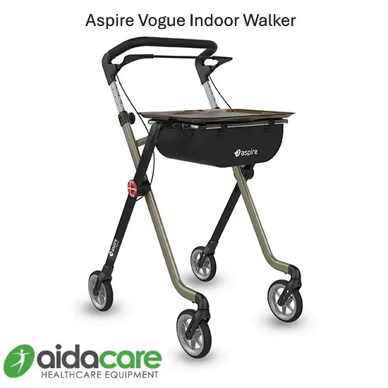 Aspire Vogue indoor walker with black seat and silver frame on white background