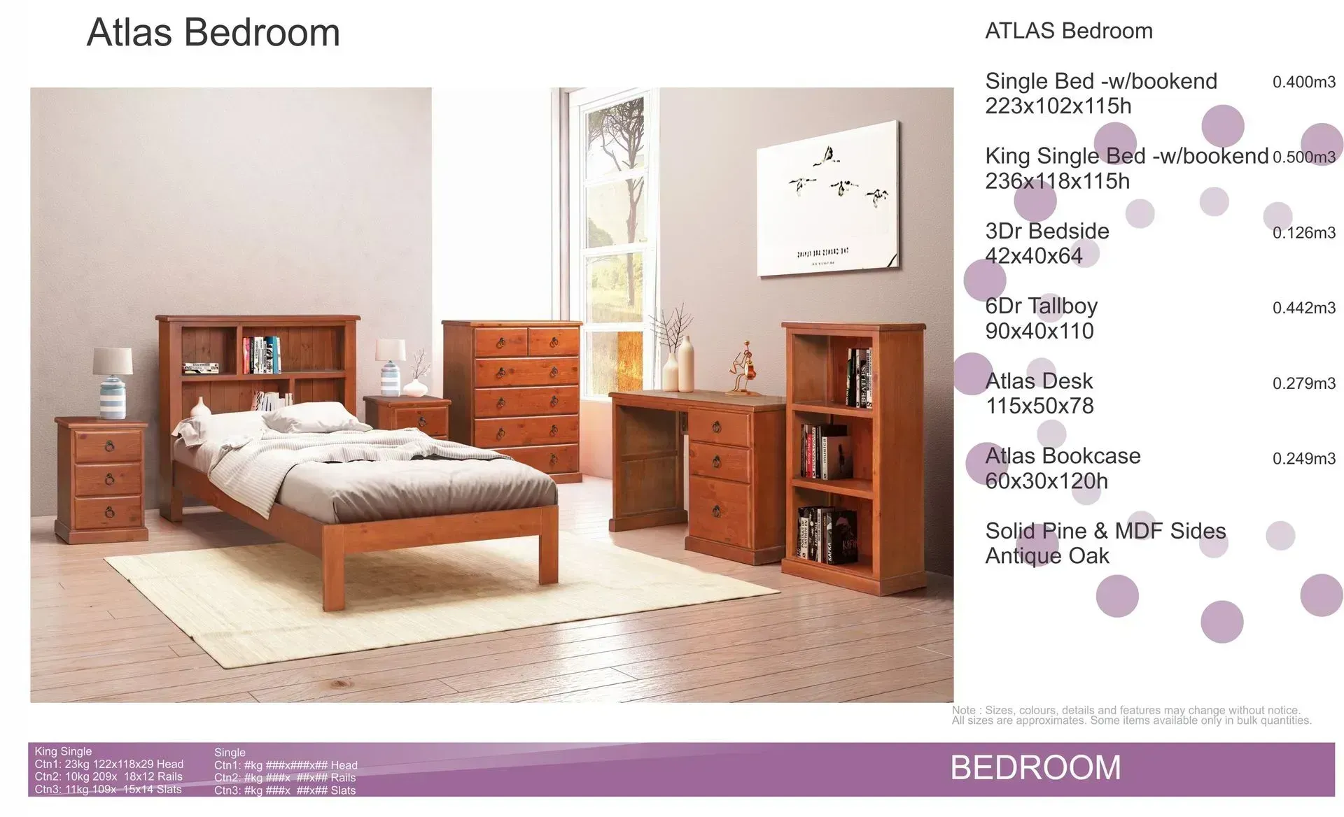 Wooden bedroom set with bed, dresser, nightstands, desk, mirror, and wardrobe on a white background