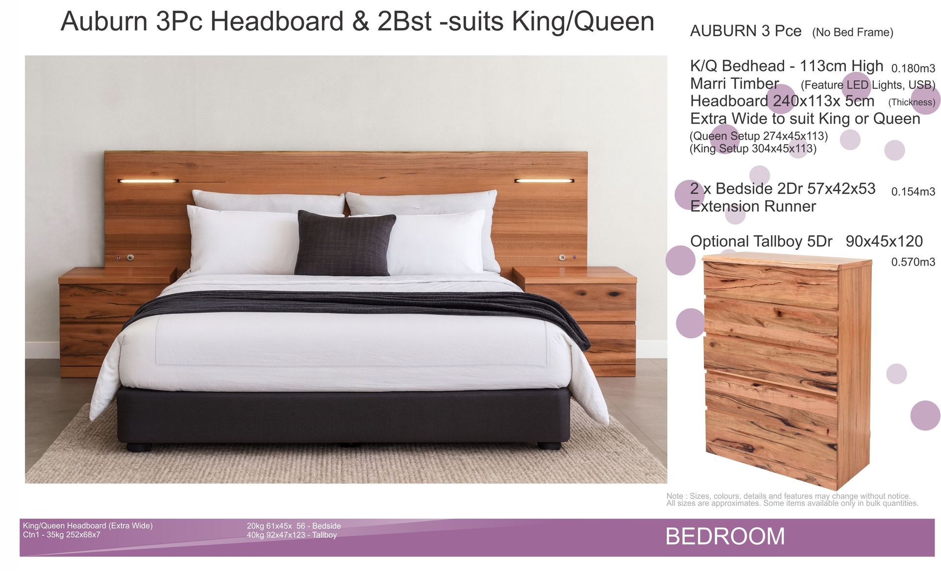 Auburn 3-piece hardwood and 2-drawer king/queen bed frame with wooden headboard and storage base.