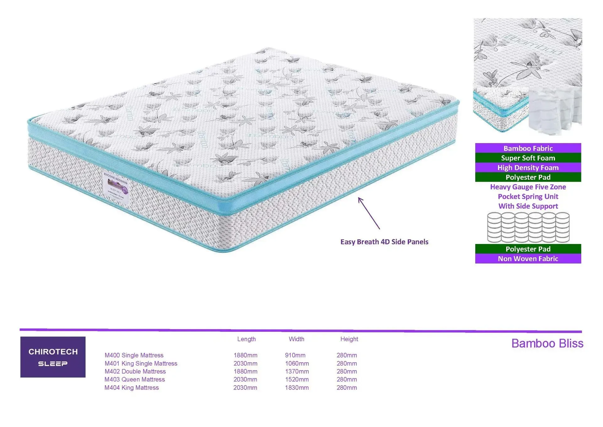 White and light-blue mattress with product specs and logo on a white background