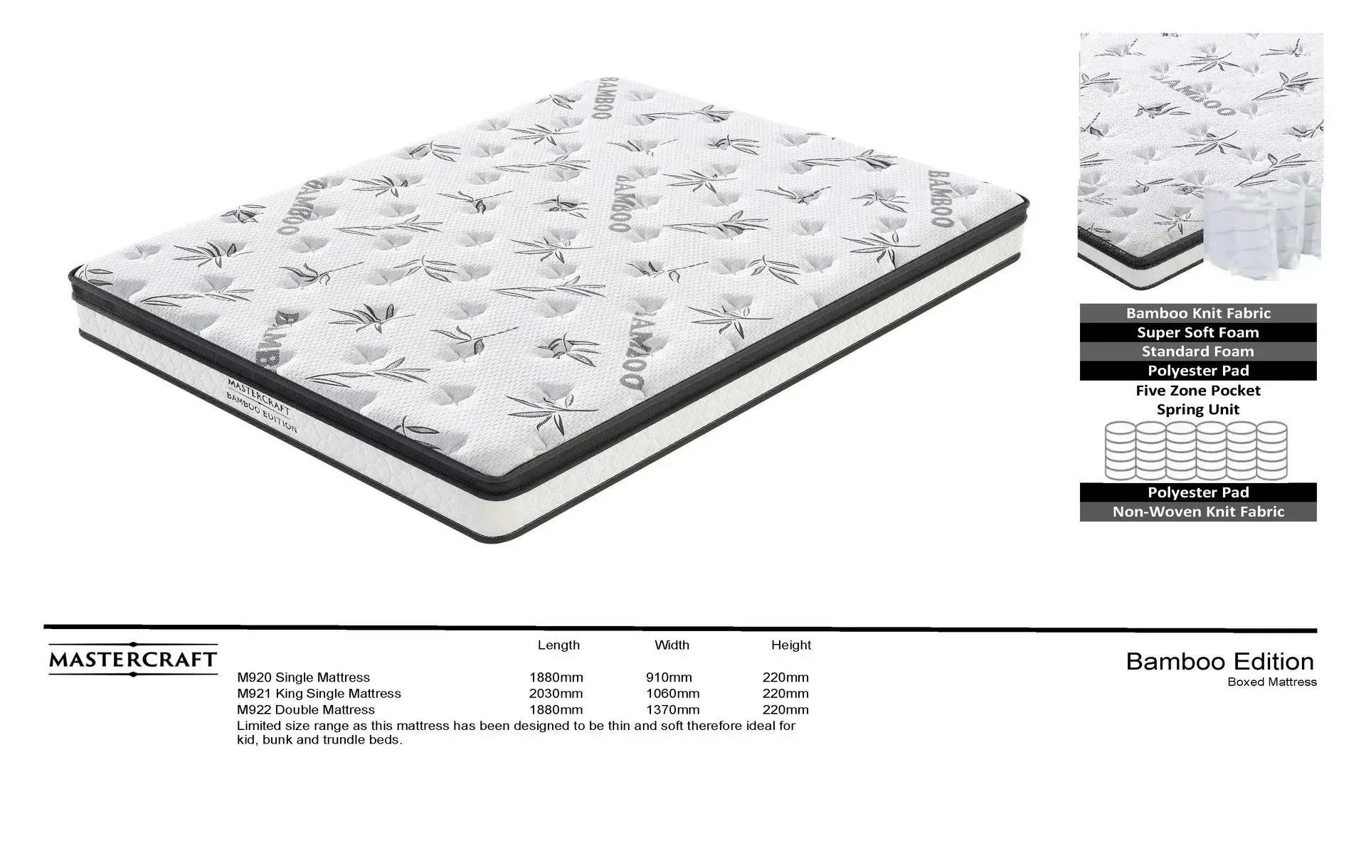 Product photo of a white patterned mattress with black edge trim, shown in a catalog layout with detail insets.