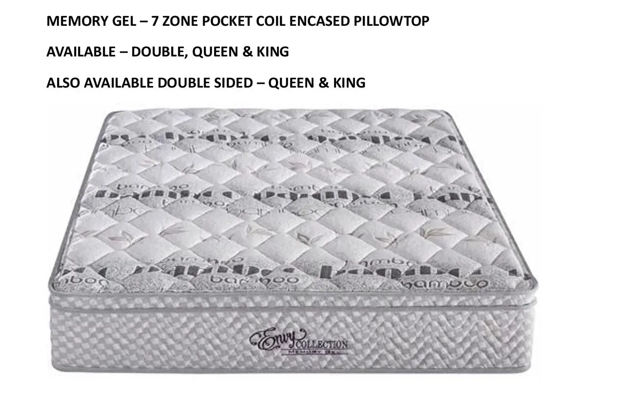 Memory gel 7-zone pocket coil encased pillowtop mattress, gray quilted design with size options listed
