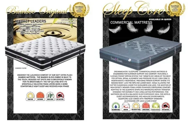 Two mattress ads side by side: white pillowtop and gray mattress on black backgrounds, with brand labels.