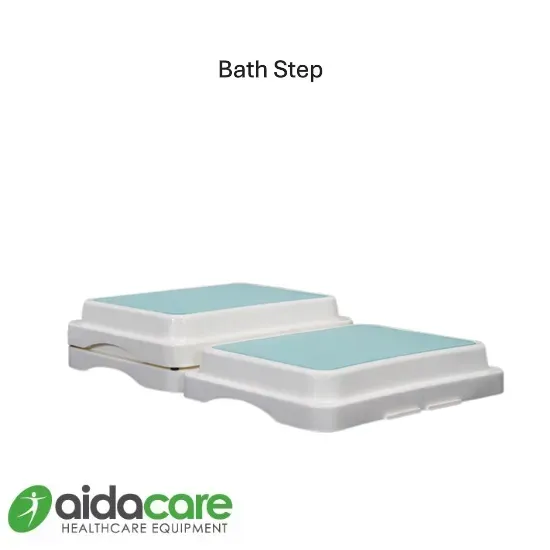 Two-step white plastic bath step with light blue non-slip tops
