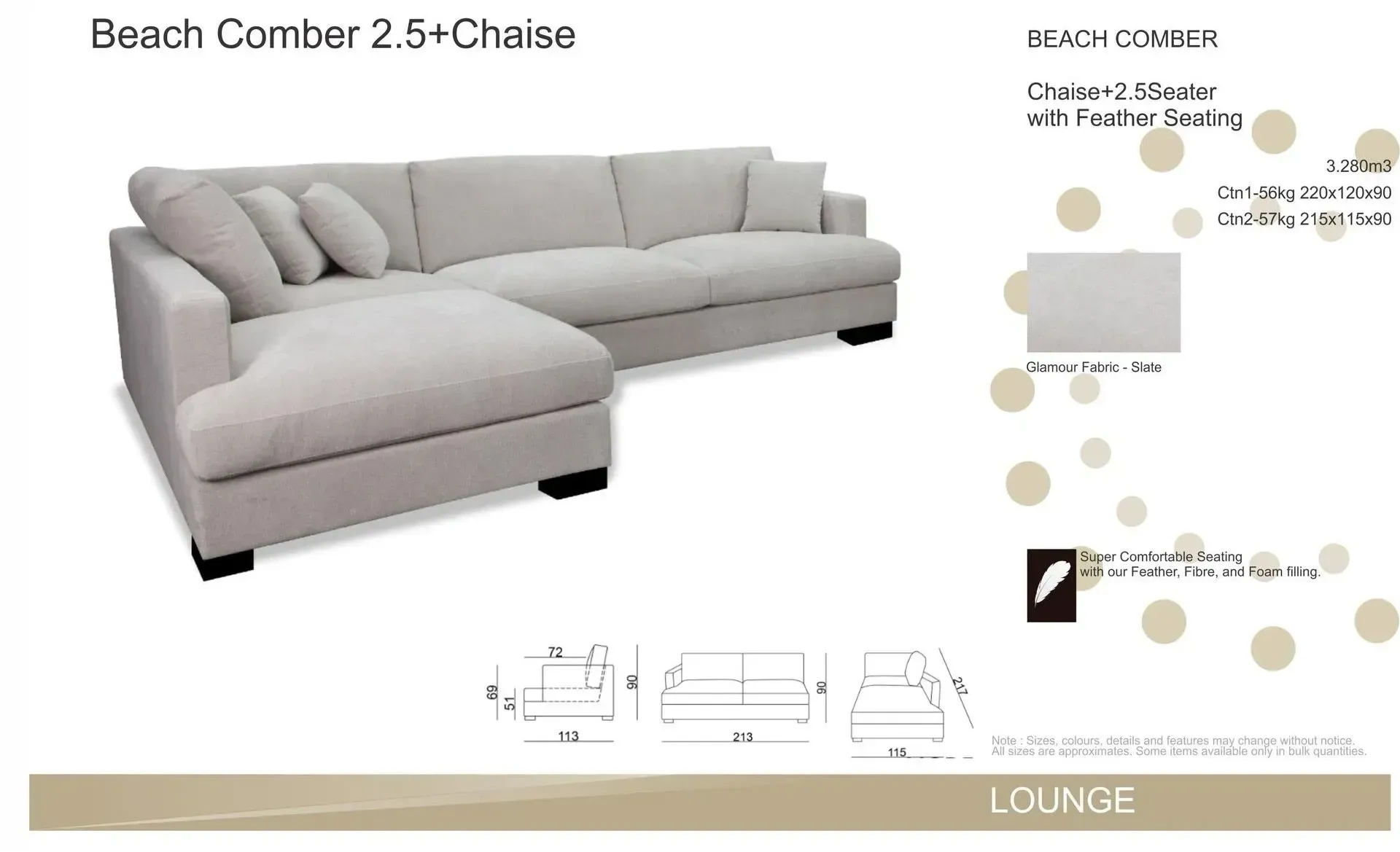 Beige L-shaped sectional sofa with chaise, shown in a furniture catalog with color swatches and dimensions.