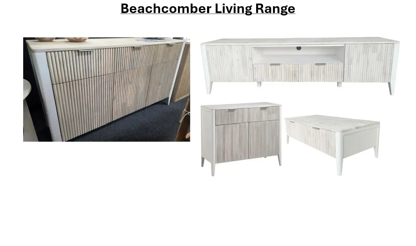 Beachcomber Living Range furniture set in light wood tones, shown from multiple angles.