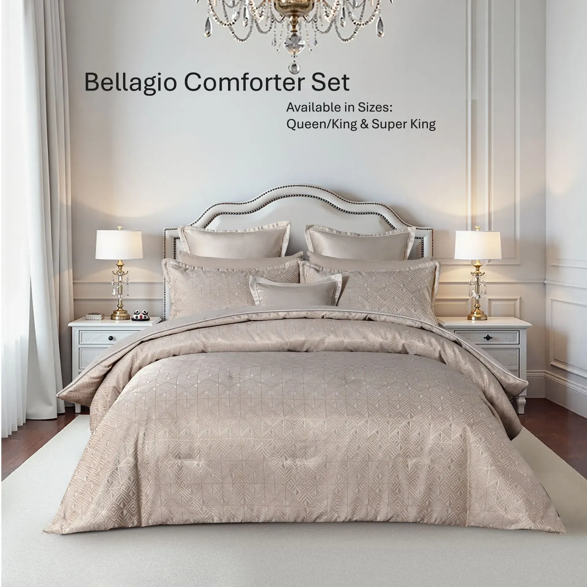 Luxury beige bed set in a bright bedroom with white nightstands and lamps