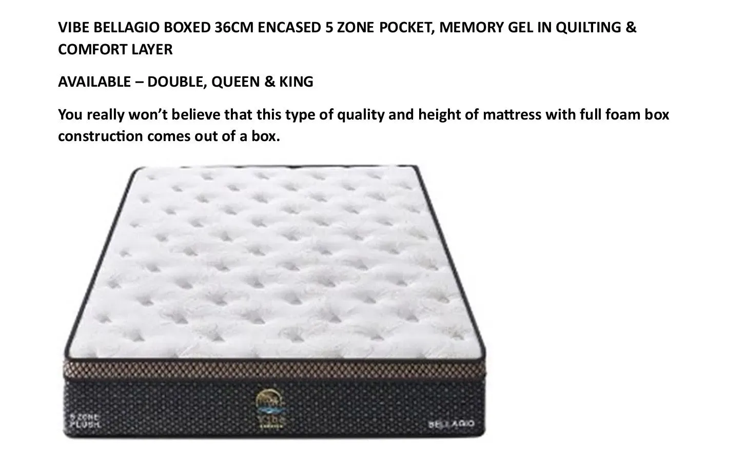 White queen mattress with quilted top and black side panels on a white background with promo text.