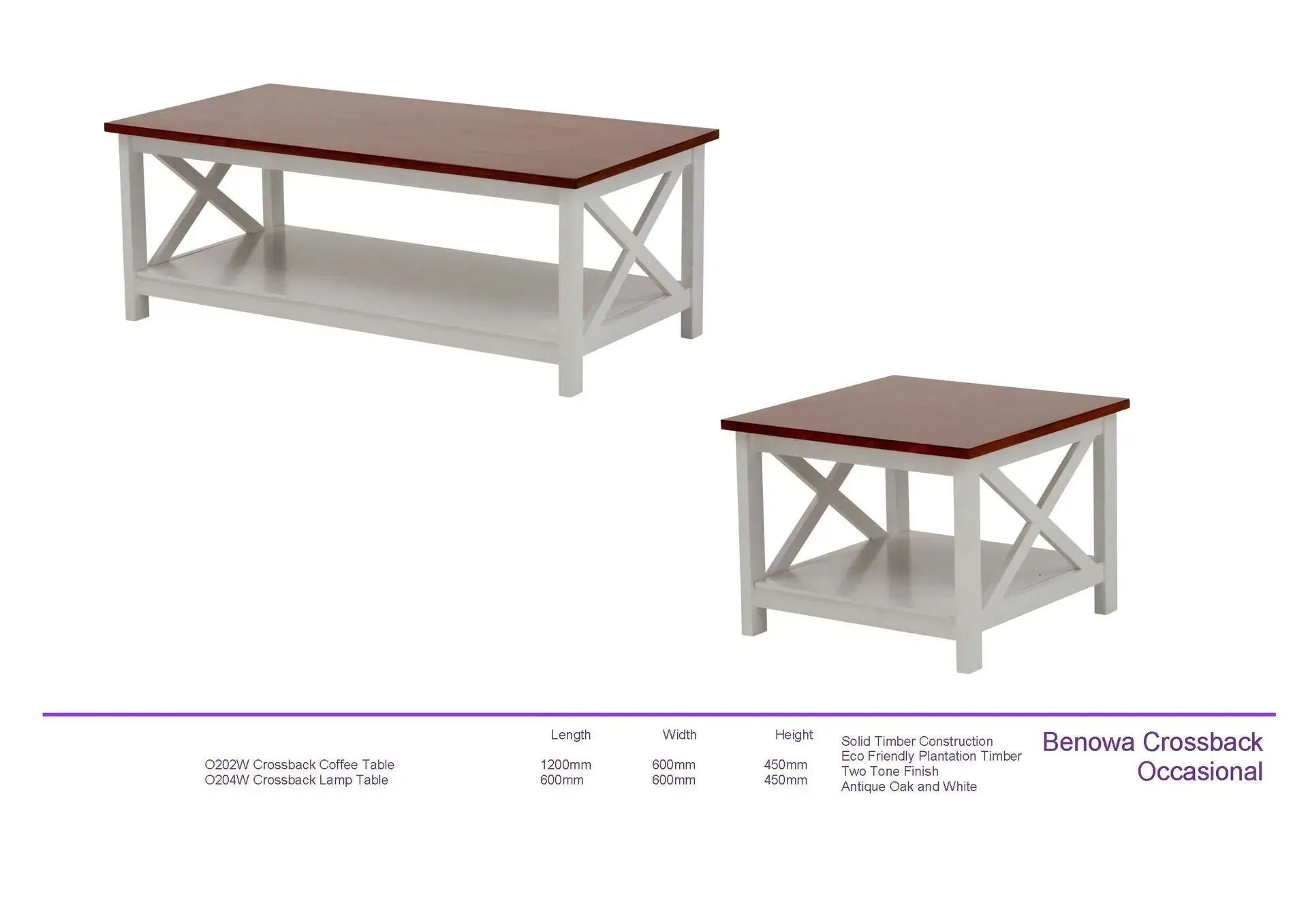 Two white-and-brown wooden coffee tables on a plain white background, shown in two sizes