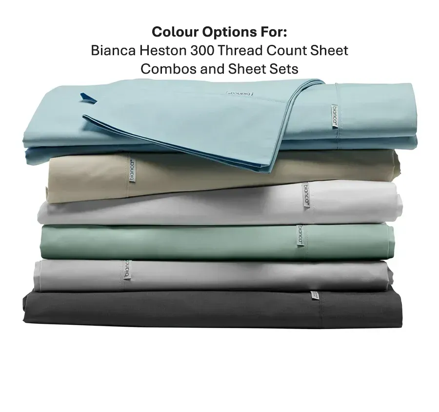 Stacked folded sheet sets in blue, beige, gray, sage, and charcoal with text: “Colour Options For” polyester cotton sheets.