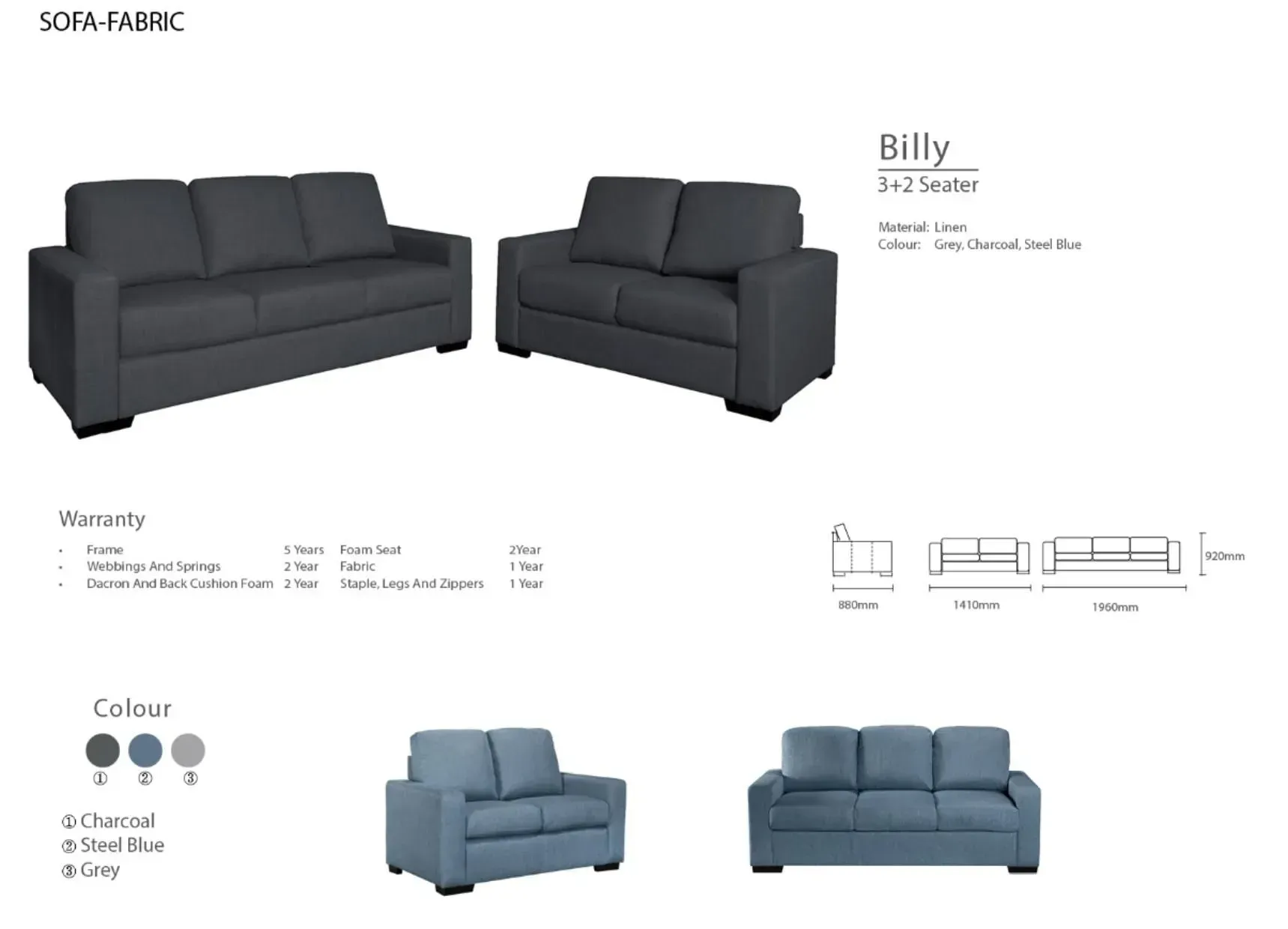 Sofa catalog page showing Billy sofas in gray and blue with product details and dimensions