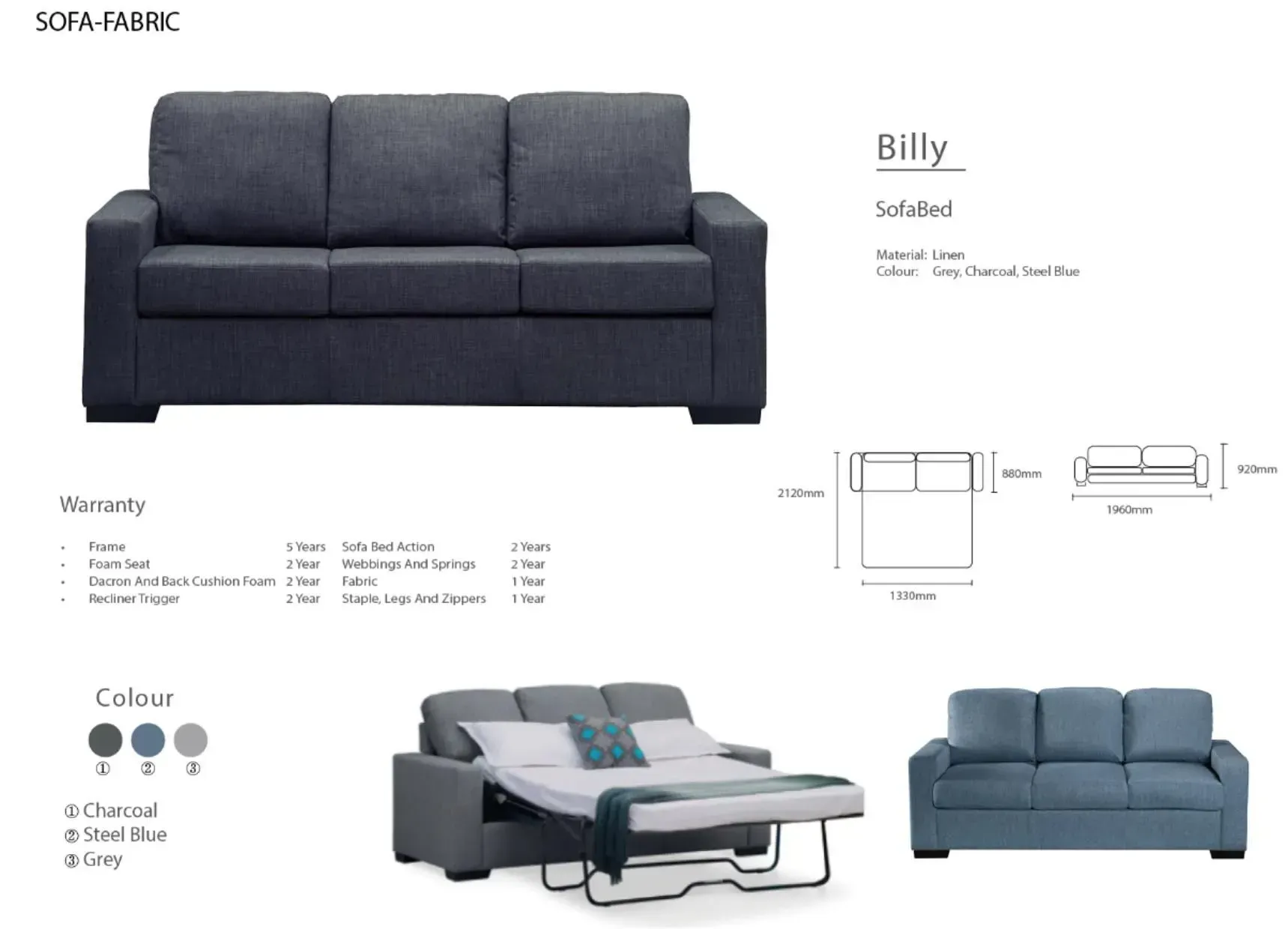 Furniture catalog page showing a dark blue Billy sofa with measurements and color options.