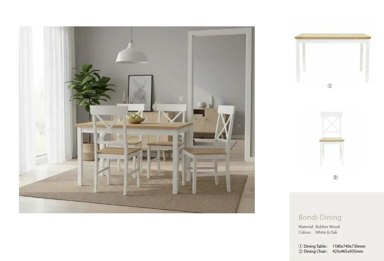 Bright dining room with a light wood table, white chairs, pendant lamp, plant, and rug