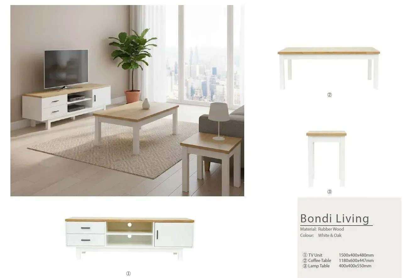 Modern living room with light wood table, white TV console, shelf, and Bondi Living product layout