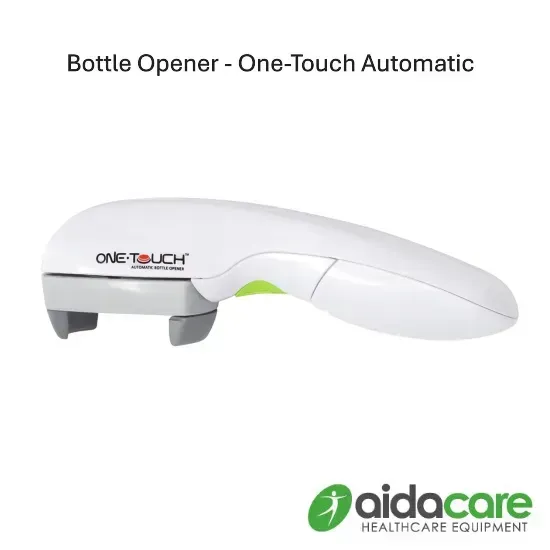 White one-touch automatic bottle opener with green accent and AidaCare logo on a white background