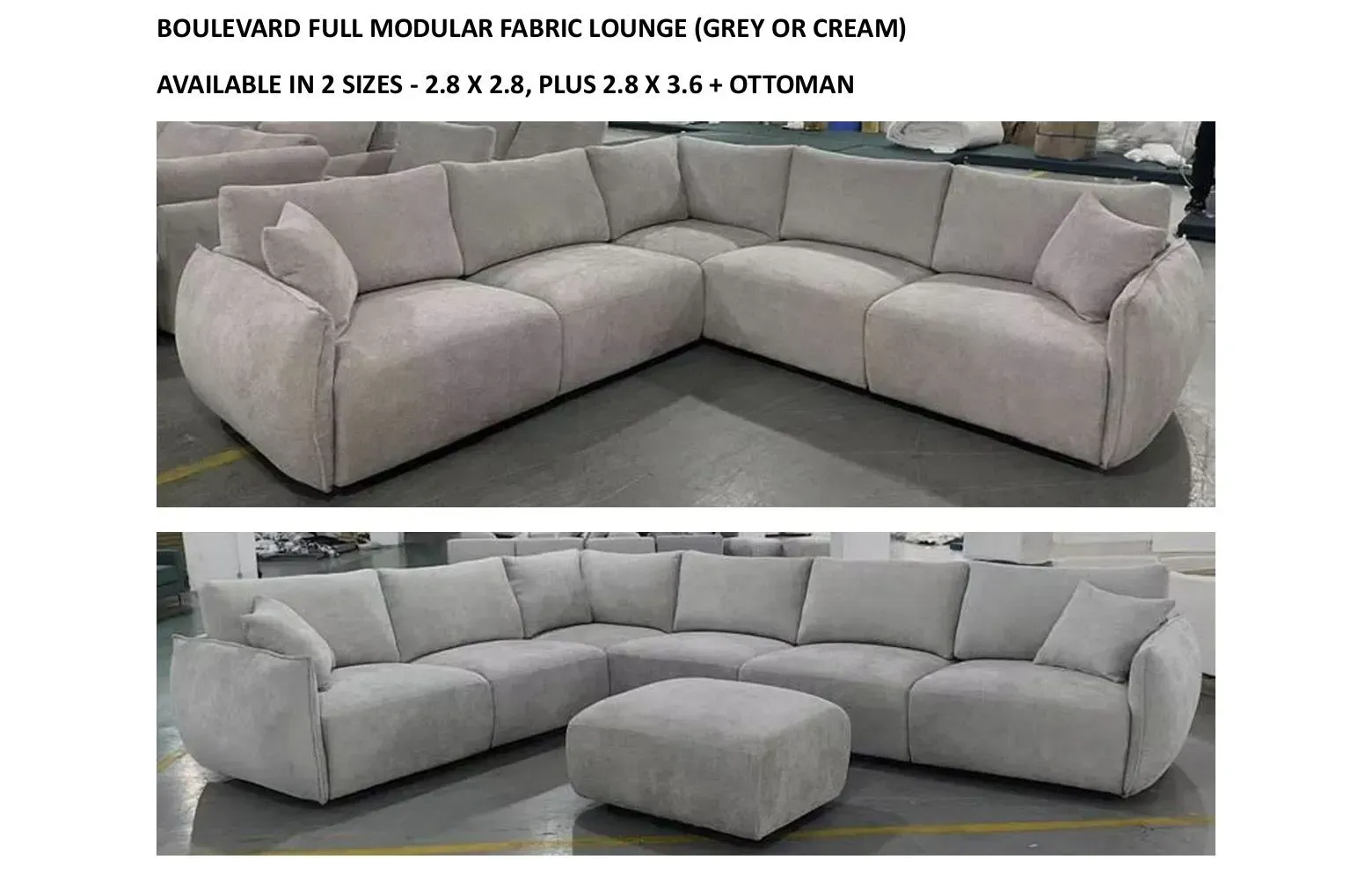 Gray modular sectional sofa with ottoman, shown in two configurations on a showroom floor