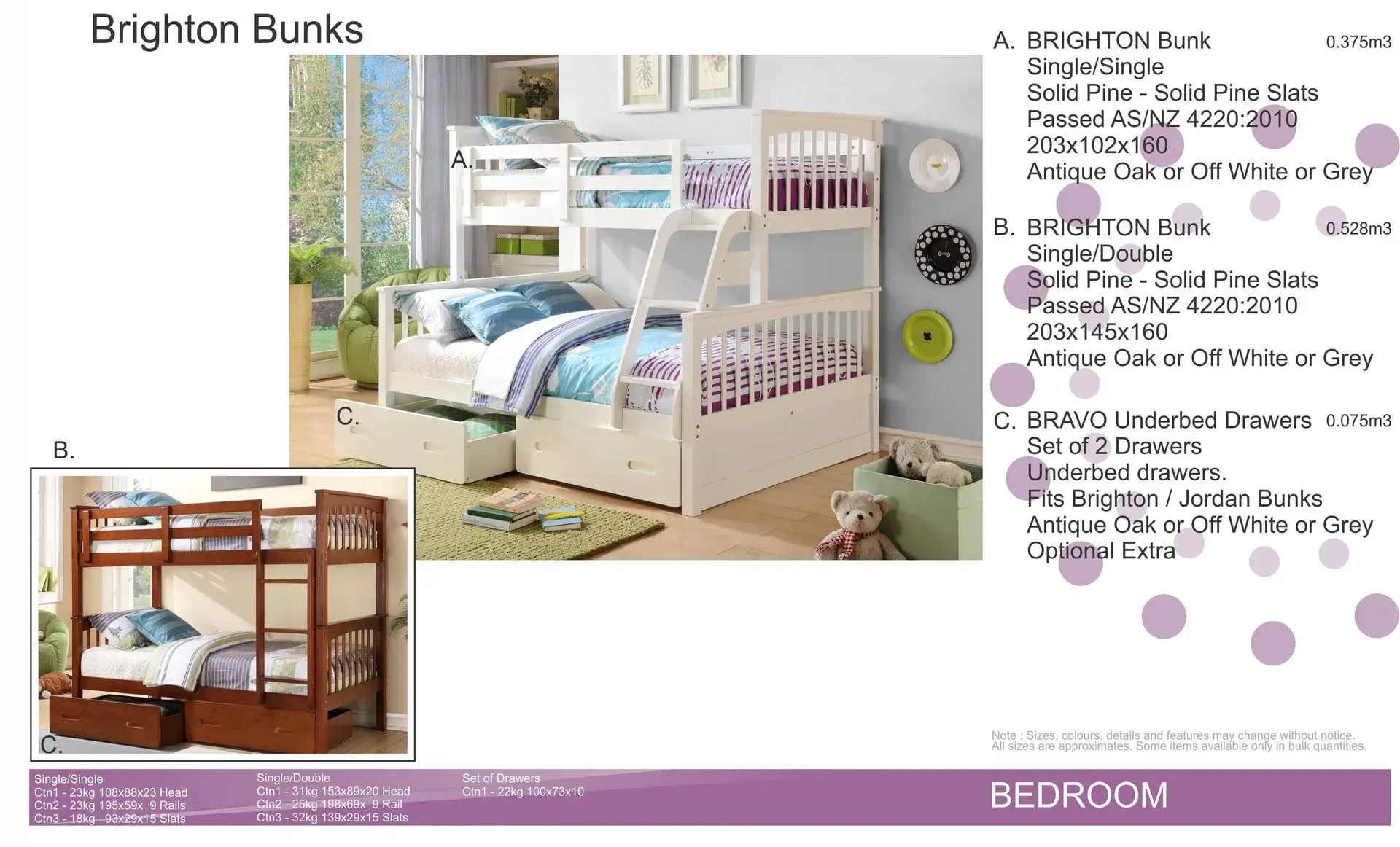 Brighton Bunks white and lavender bunk bed set with ladder, shelving, and desk in a bedroom display