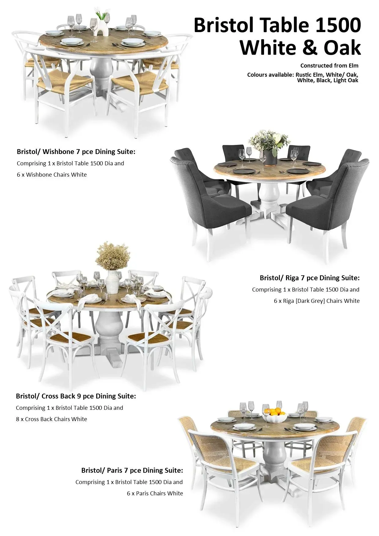 Bristol Table 1500 white and oak dining set shown in multiple chair and table arrangements.