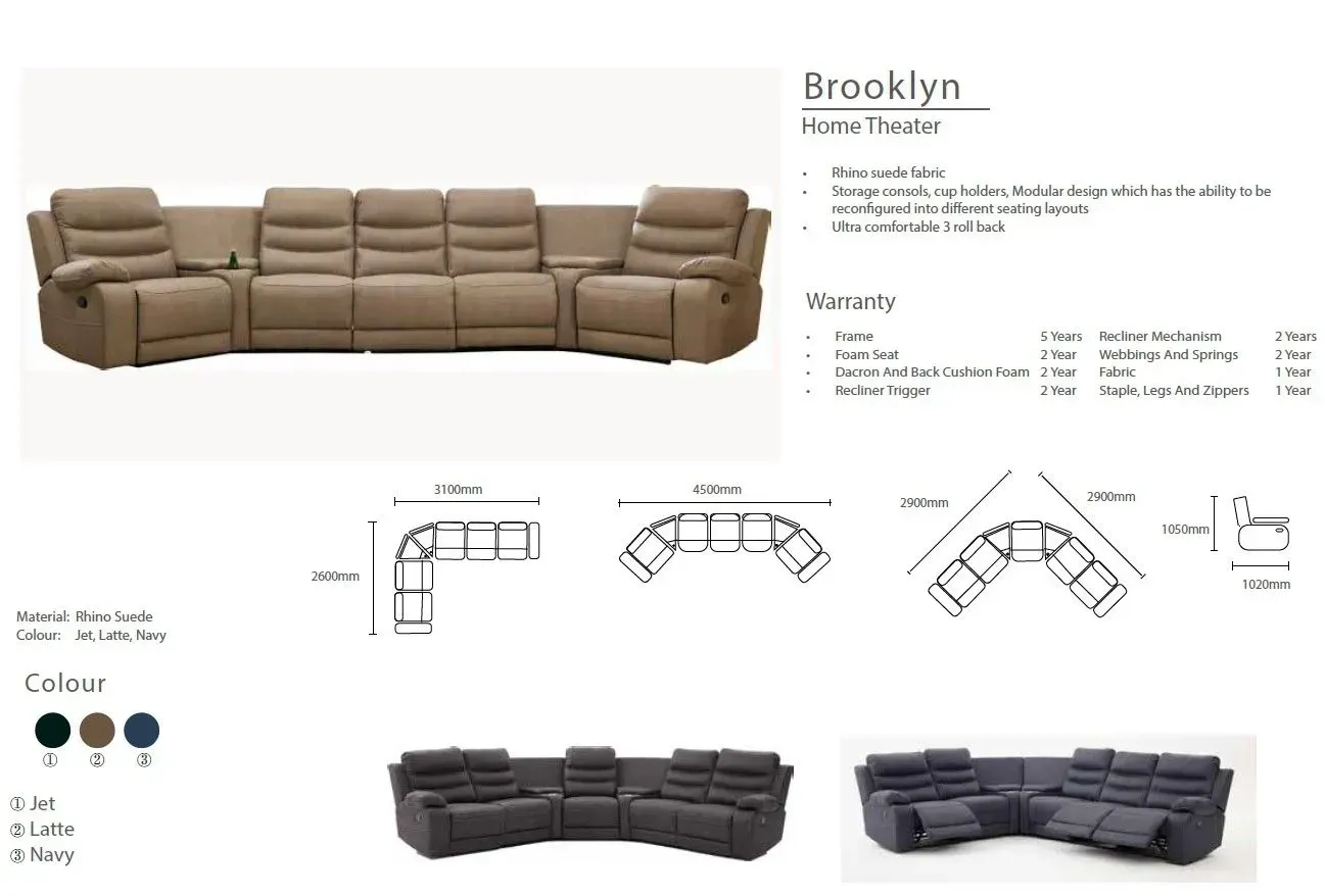 Furniture product sheet for Brooklyn sectional sofa in tan and black with layout diagrams and dimensions