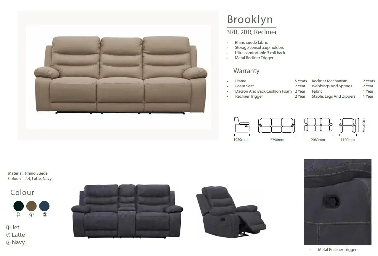 Brooklyn reclining sofa product sheet with tan and black sofa images and dimensions.