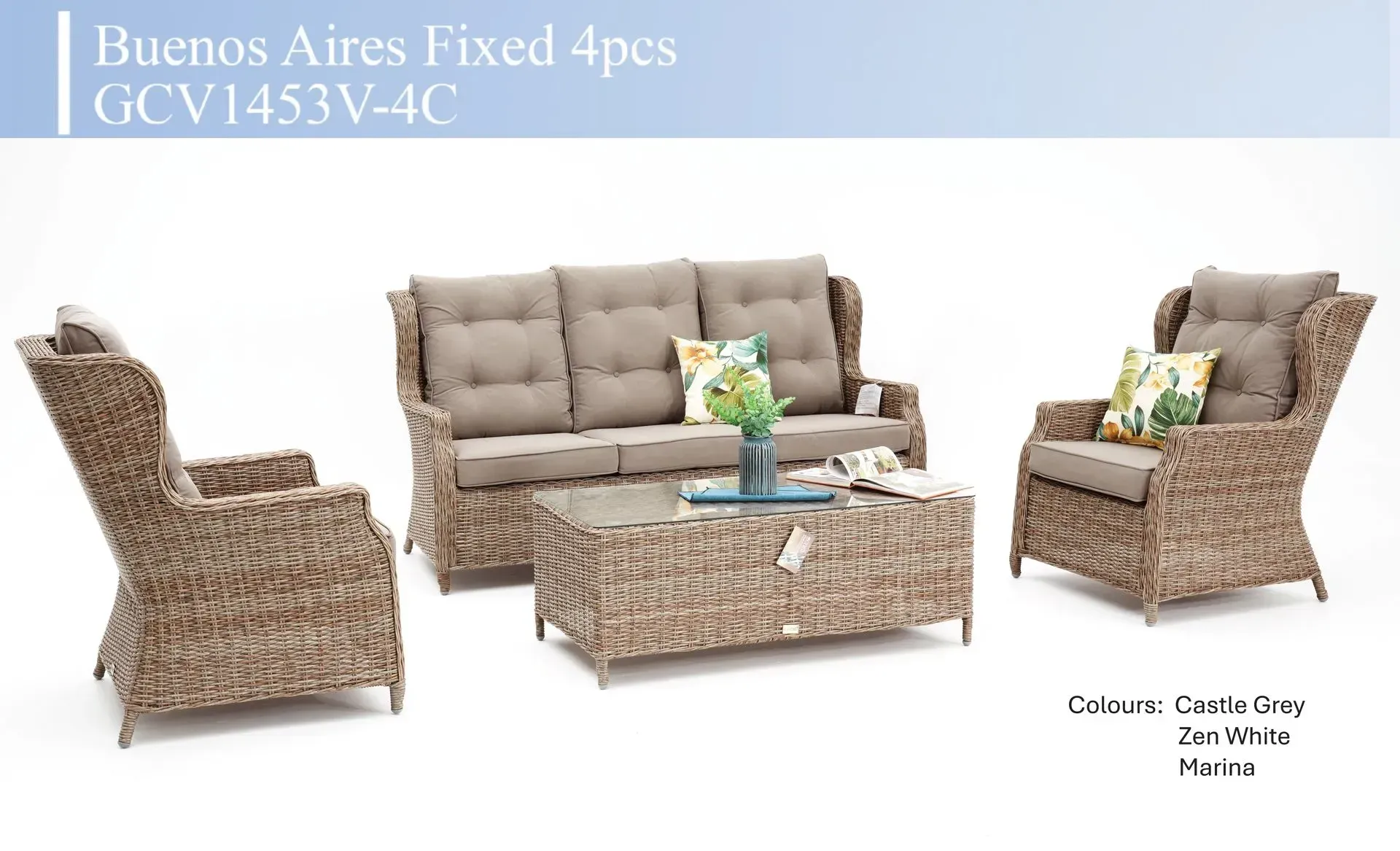Wicker patio furniture set with sofa, coffee table, and two armchairs in beige tones